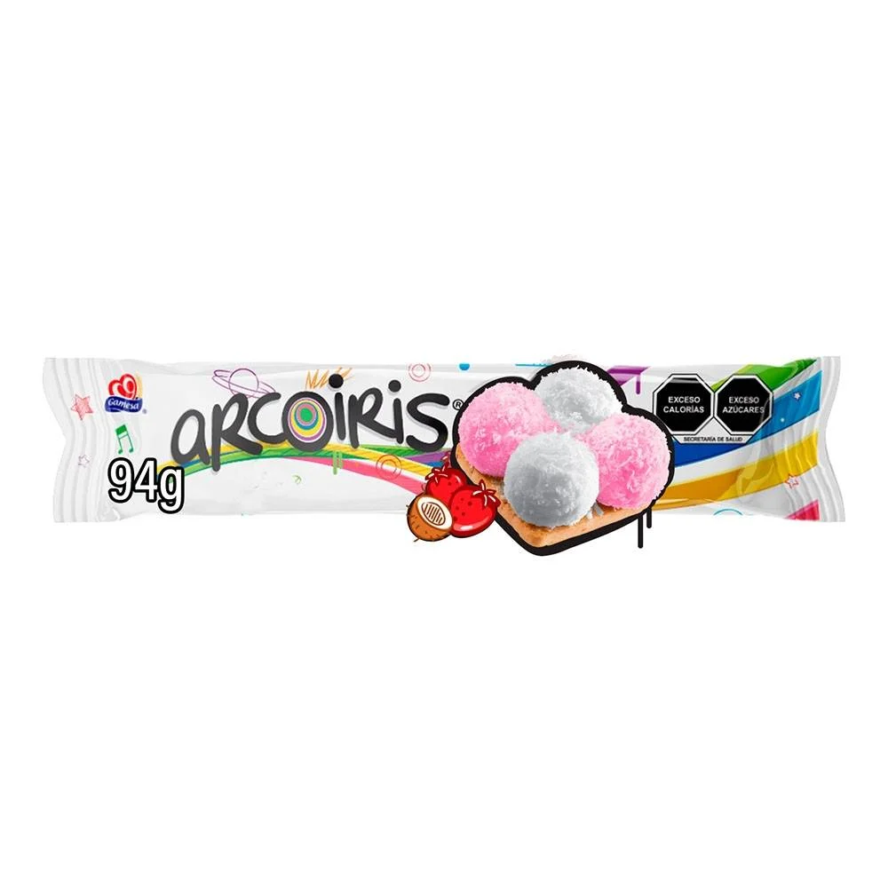 GALLETAS ARCOIRIS SABOR FRESA CON MERENGUE SABOR VAINILLA Y COCO 94G