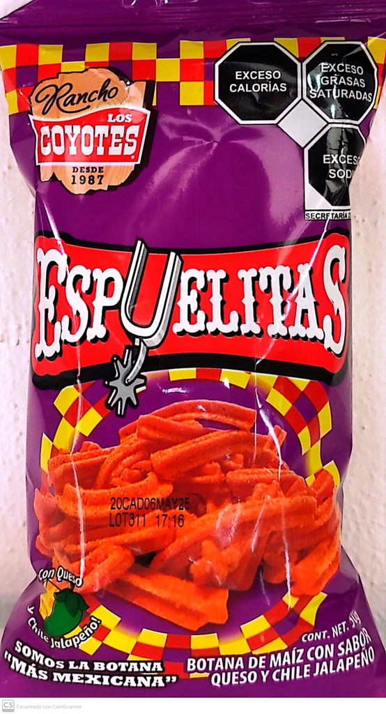 ESPUELITAS SABOR QUESO Y CHILE JALAPEÑO LOS COYOTES 50GR