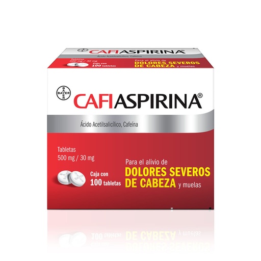 CAFIASPIRINA ACIDO ACETILSALICILICO, CAFEINA CAJA CON 100 TABLETAS 500GR/30MG