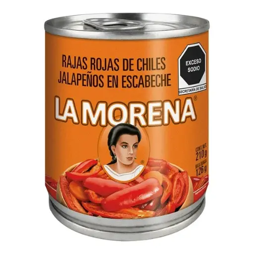 [0000342] RAJAS ROJAS LA MORENA DE CHILES JALAPEÑOS EN ESCABECHE 210G